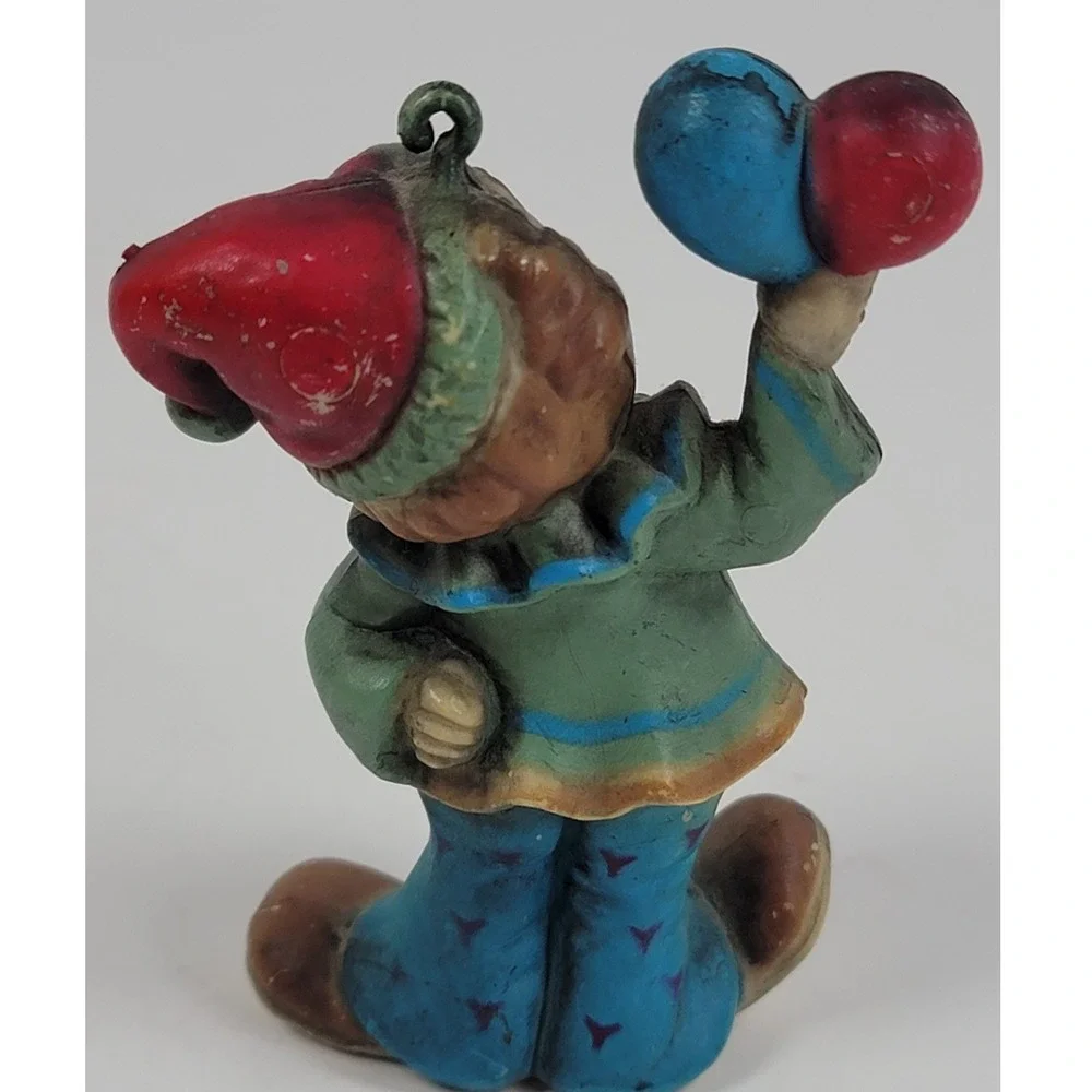 Vintage Clown Figurine Ornament with Balloons Green Jacket Red Hat 2.75 Inch